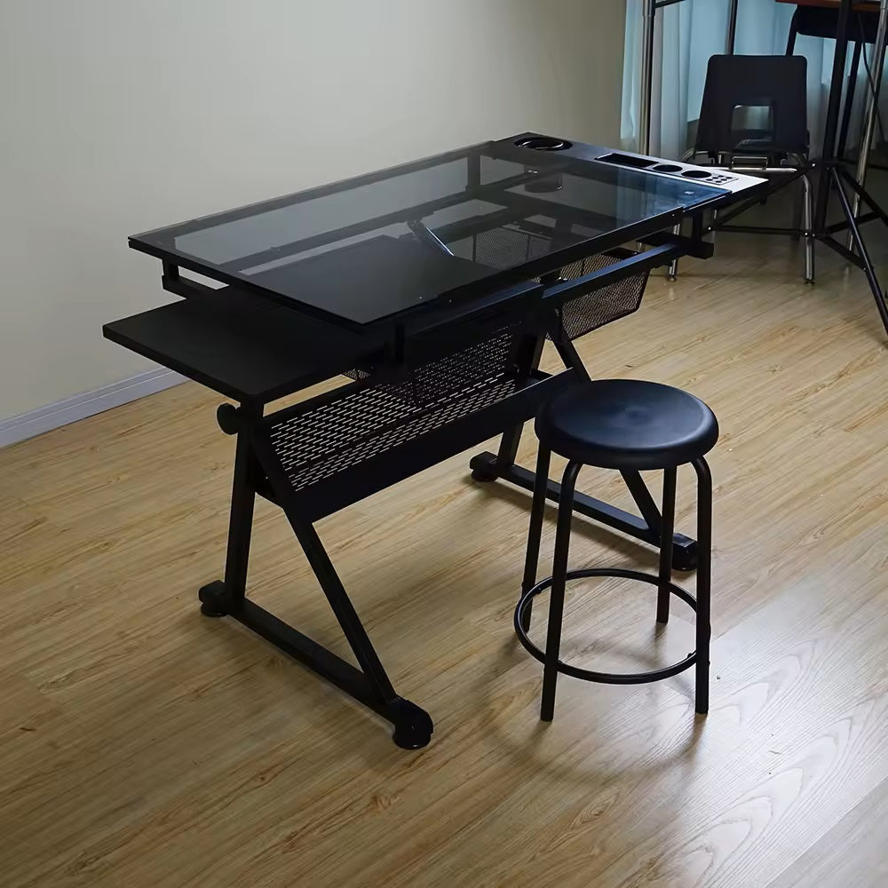 Tempered Glass Adjustable Drafting Table - Black_3