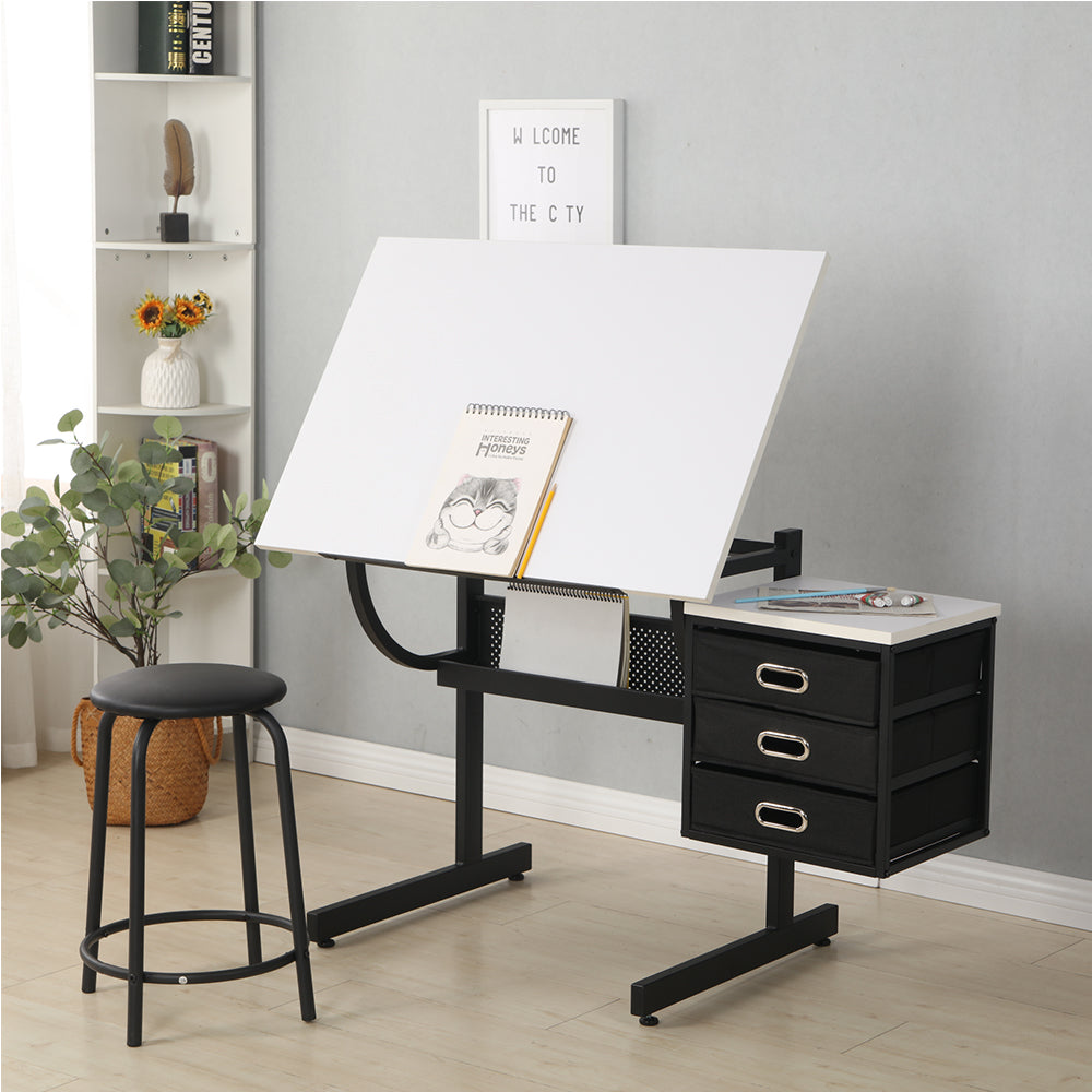 Adjustable Drafting Table with Stool & 3 Drawers - White_8