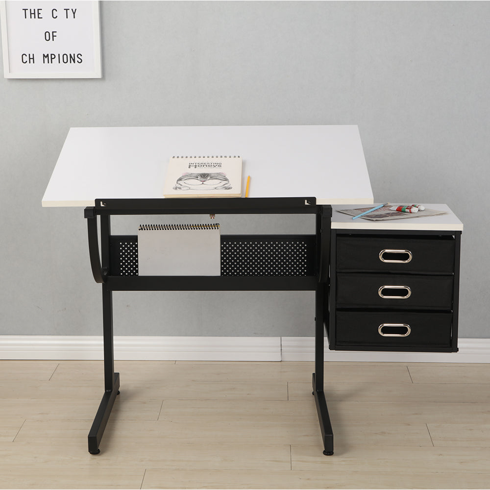 Adjustable Drafting Table with Stool & 3 Drawers - White_7