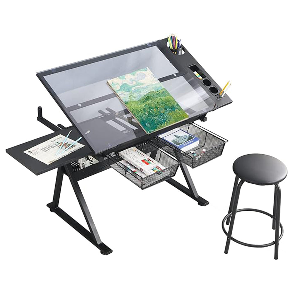 Adjustable Drafting Table with Stool & 2 Metal Drawers - Black_0