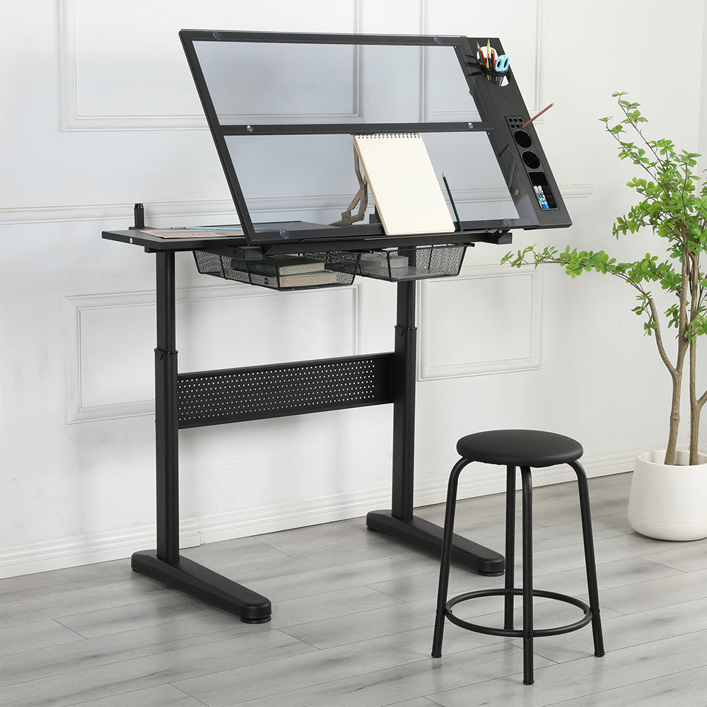 Adjustable Drafting Table with Stool & 2 Metal Drawers - Black_1