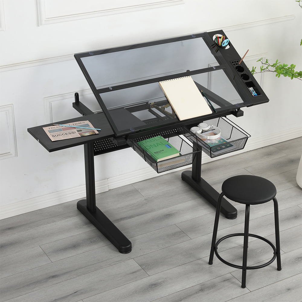 Adjustable Drafting Table with Stool & 2 Metal Drawers - Black_4