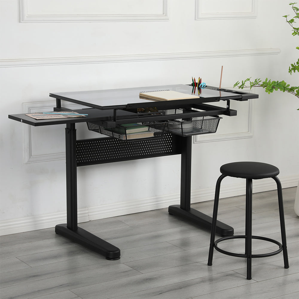 Adjustable Drafting Table with Stool & 2 Metal Drawers - Black_3