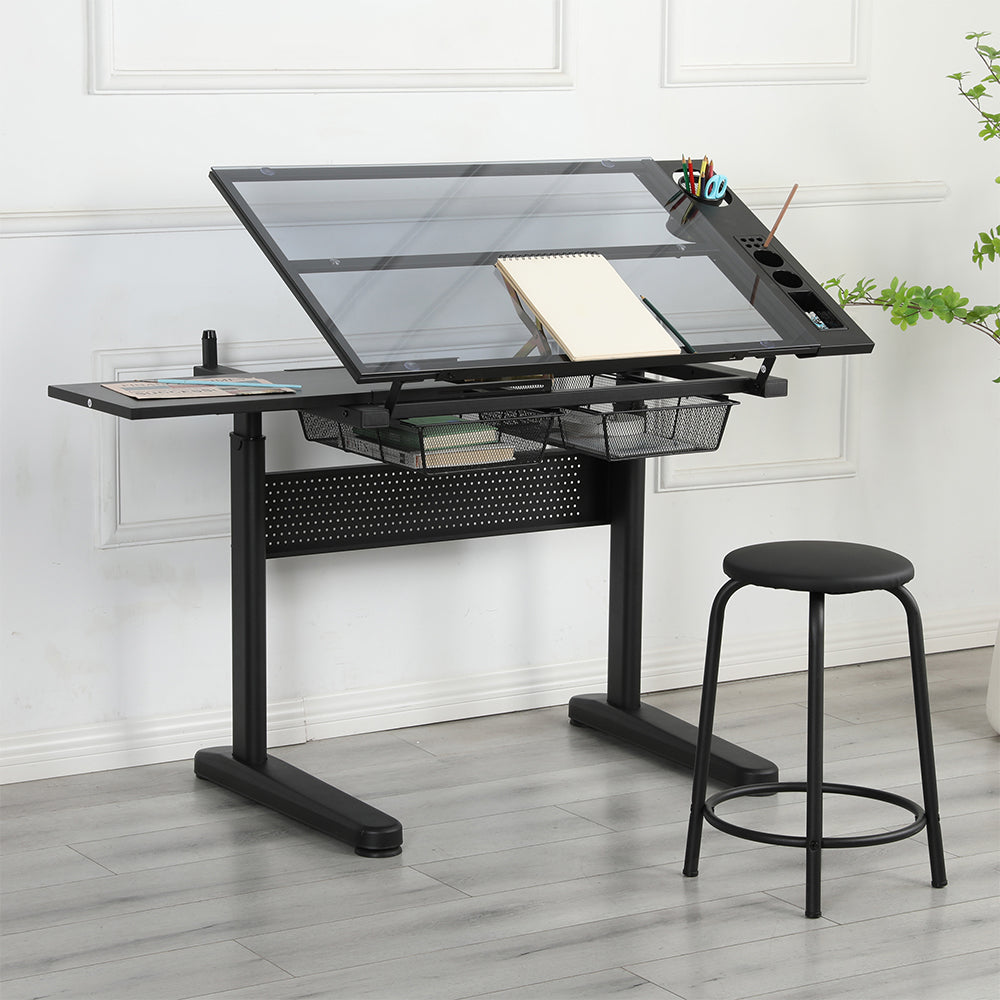 Adjustable Drafting Table with Stool & 2 Metal Drawers - Black_2