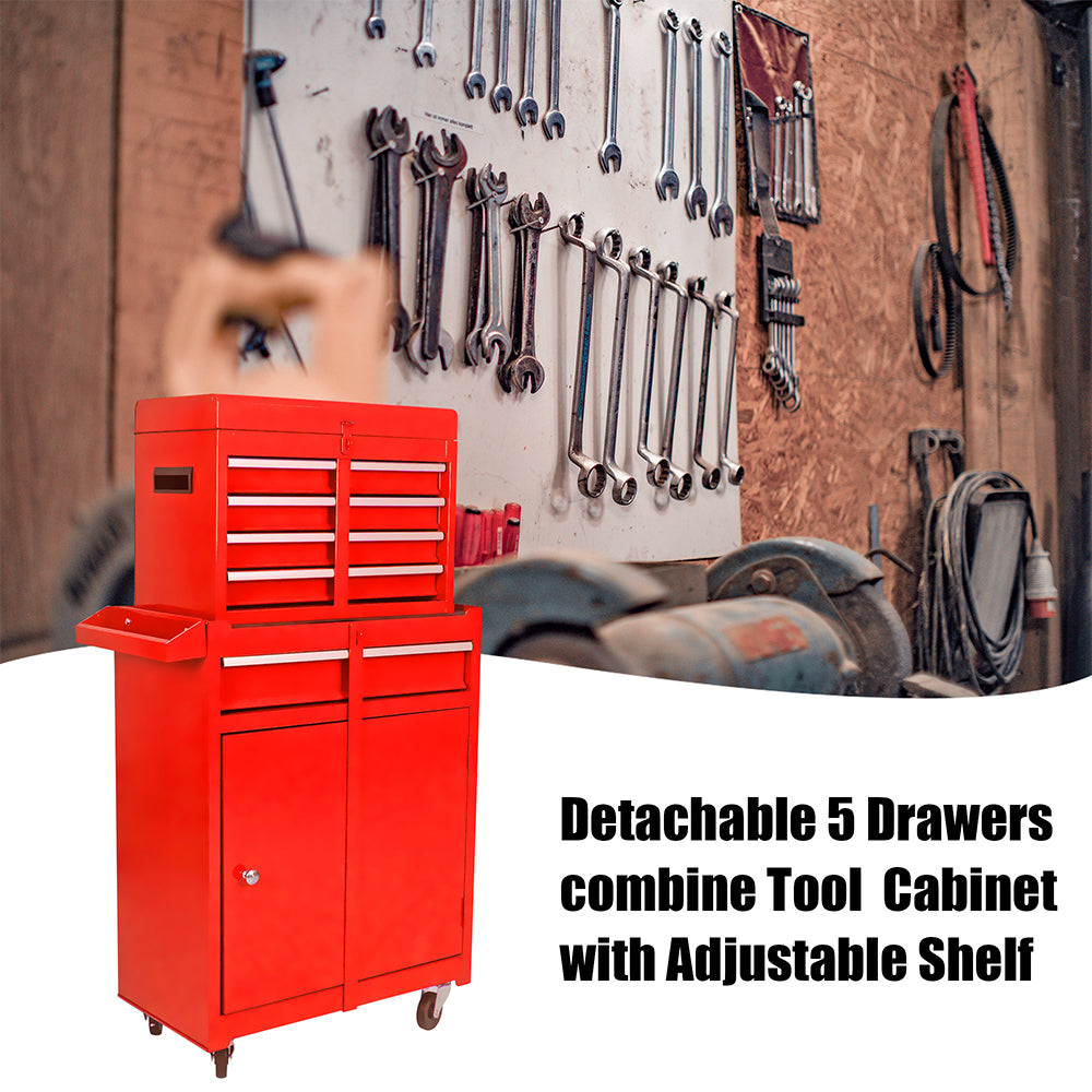 5-Drawer Tool Chest with Detachable Cabinet & Adjustable Shelf - Red_2