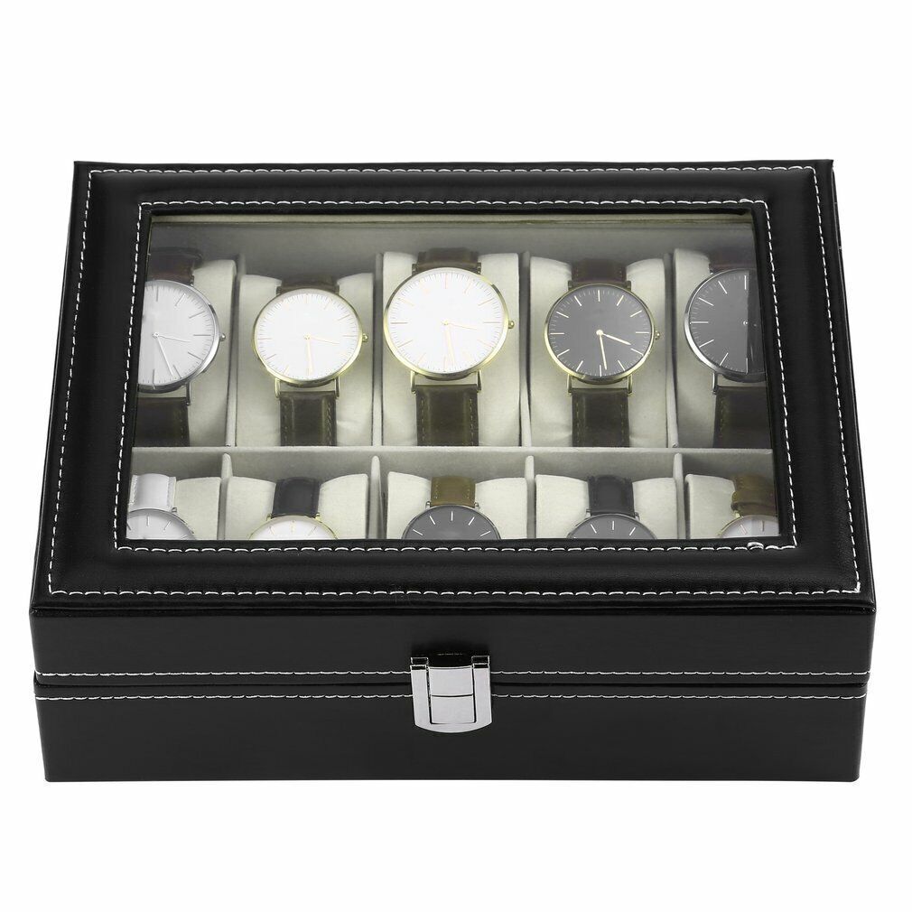 Watch Display Grid Box Lockable Case Faux Leather Jewellry Storage Organiser