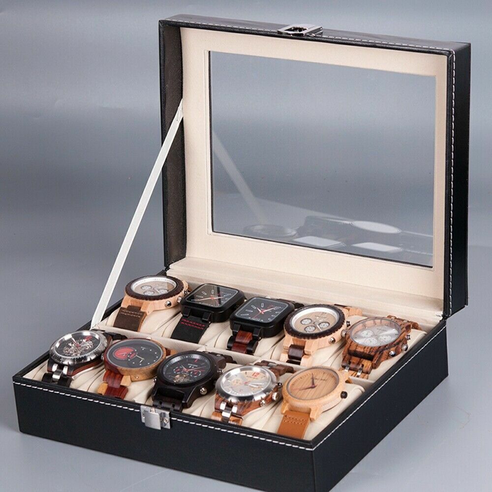 Watch Display Grid Box Lockable Case Faux Leather Jewellry Storage Organiser