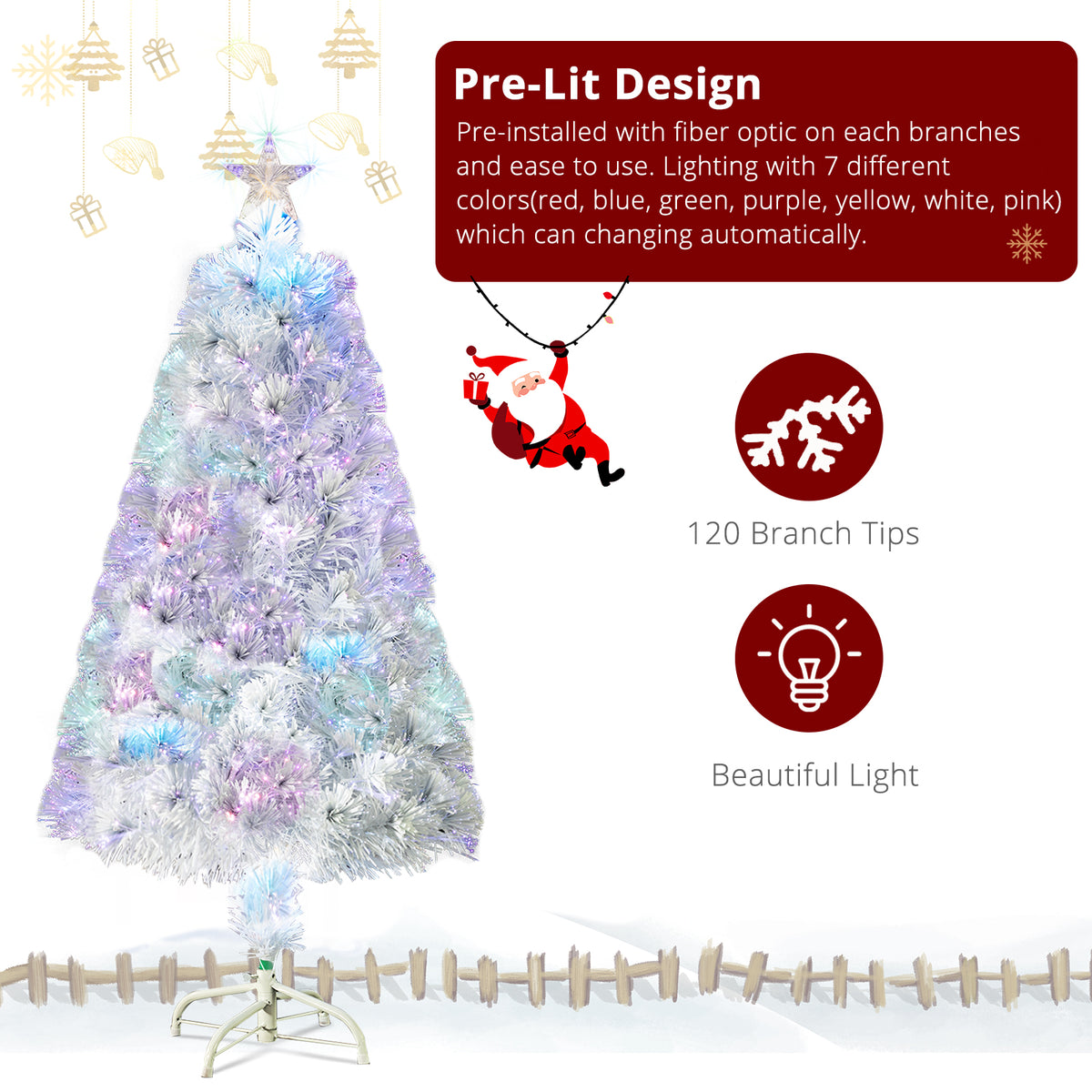 4ft 120 Branch Fiber Optic PVC Branch Iron Bracket Christmas Tree White