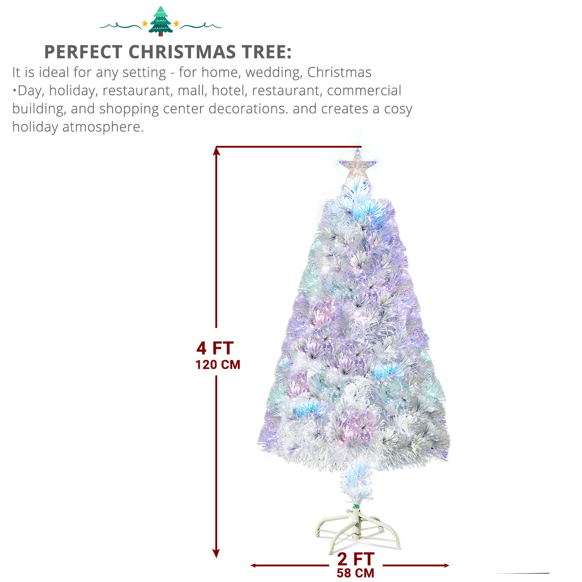 4ft 120 Branch Fiber Optic PVC Branch Iron Bracket Christmas Tree White