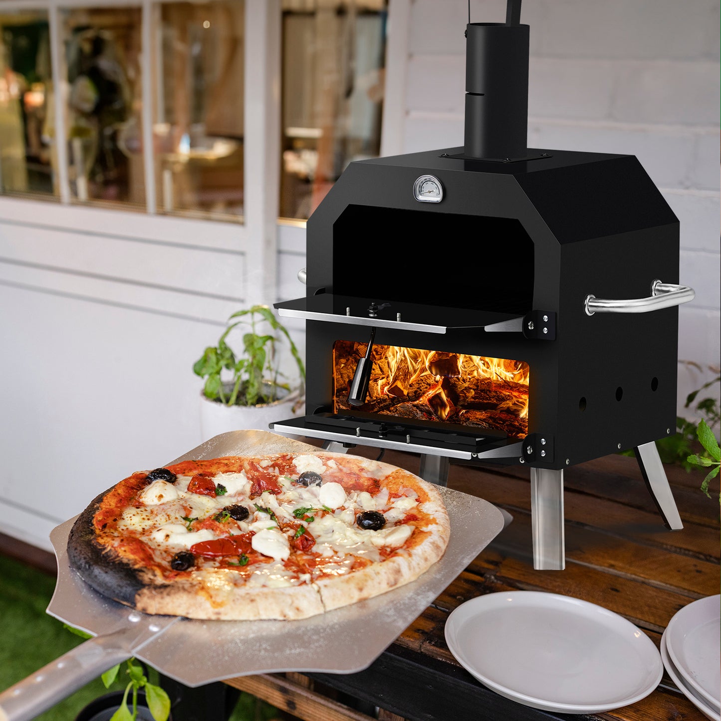 Outdoor Pizza Oven Wood Fired 2-Layer Pizza Ovens Outside Pizza Maker with Stone, Removable Cooking Rack for Camping Backyard BBQ