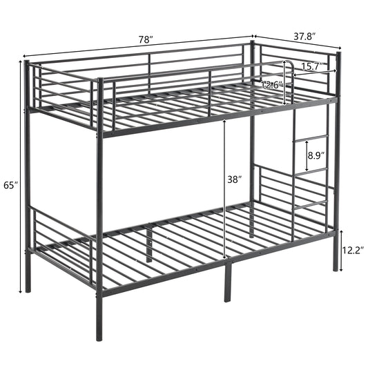 Twin Over Twin Bunk Bed for Kids Teens Adults, Heavy Duty Metal Bunk Bed with Ladder & Full-Length Guard Rail & Storage Space, Black