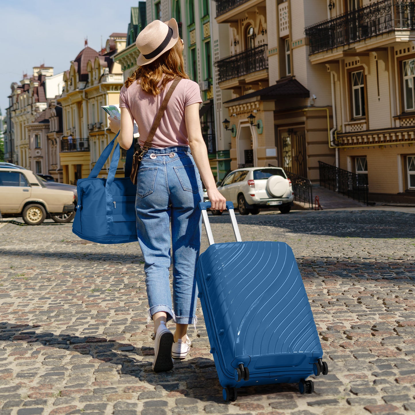 4-Piece Luggage Set with 2 Handbags & 8-Piece Toiletry Kit – Durable PP Suitcase (18in/20in/24in/28in) + 30L Travel Tote + 3L Crossbody Wash Bag – Iron Telescopic Handle – Dark Blue