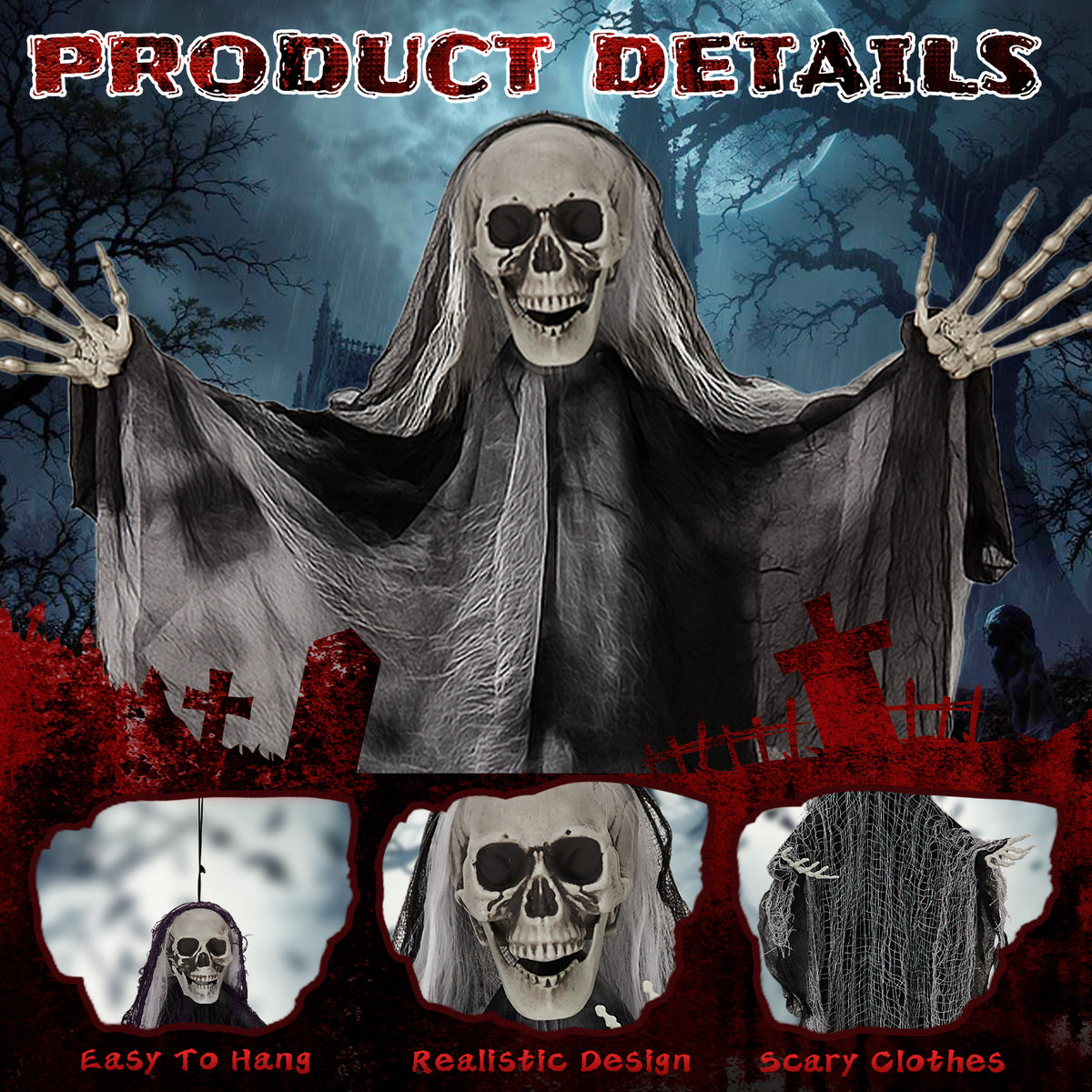 3 Pack Hanging Halloween Skeleton Ghosts Decorations, Grim Reapers for Best Halloween Outdoor Decorations