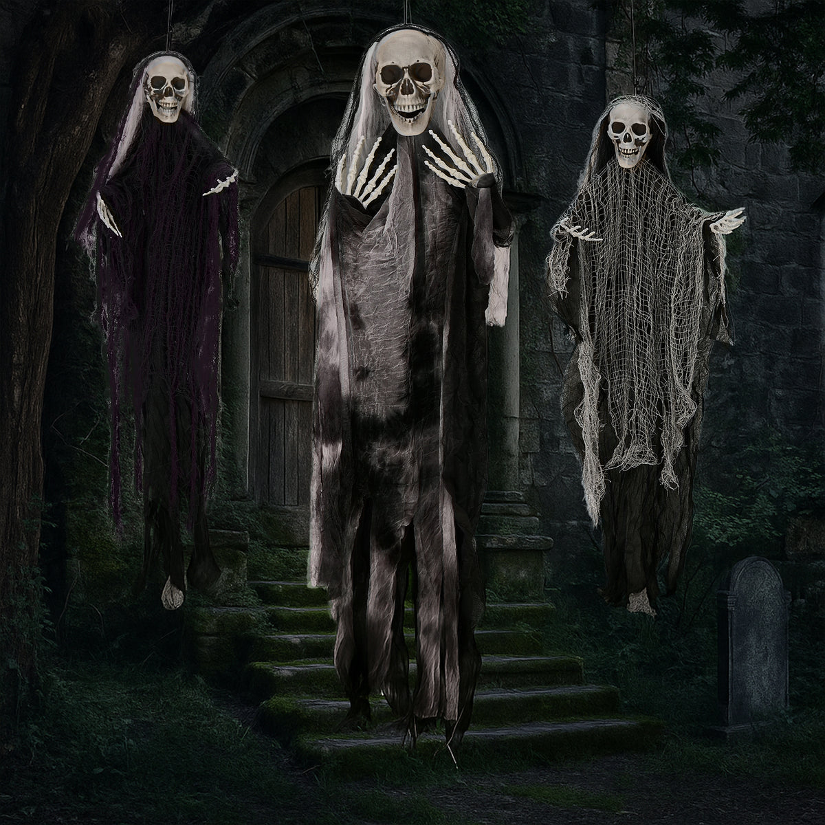 3 Pack Hanging Halloween Skeleton Ghosts Decorations, Grim Reapers for Best Halloween Outdoor Decorations