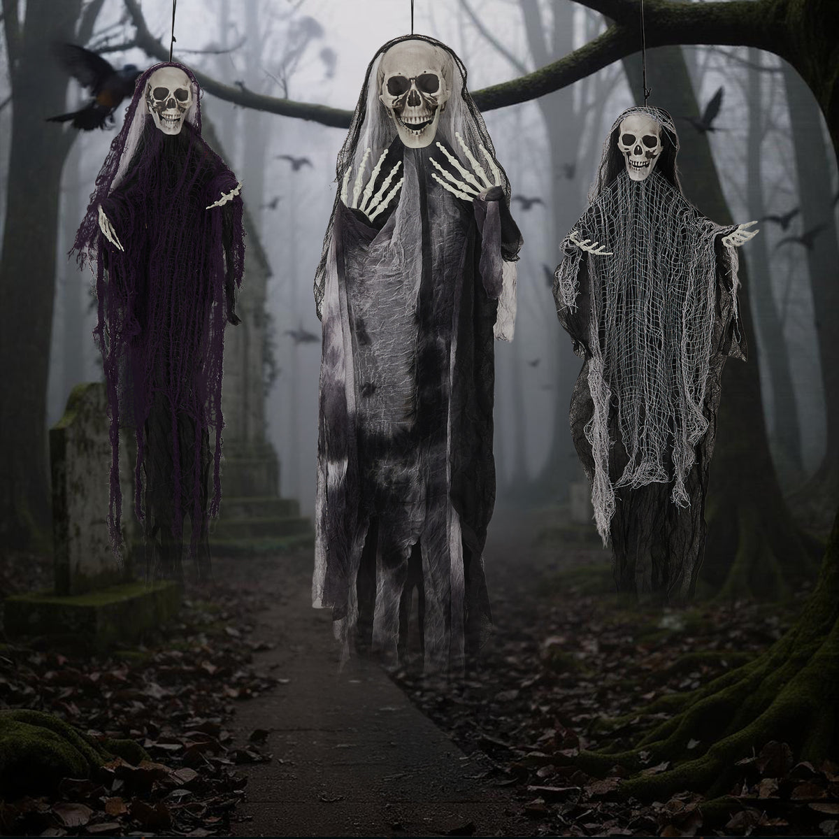 3 Pack Hanging Halloween Skeleton Ghosts Decorations, Grim Reapers for Best Halloween Outdoor Decorations
