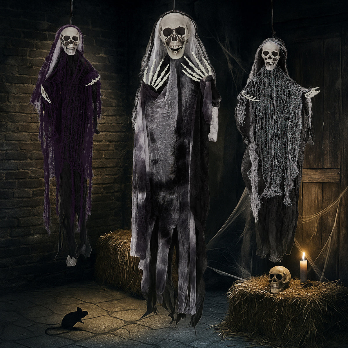 3 Pack Hanging Halloween Skeleton Ghosts Decorations, Grim Reapers for Best Halloween Outdoor Decorations