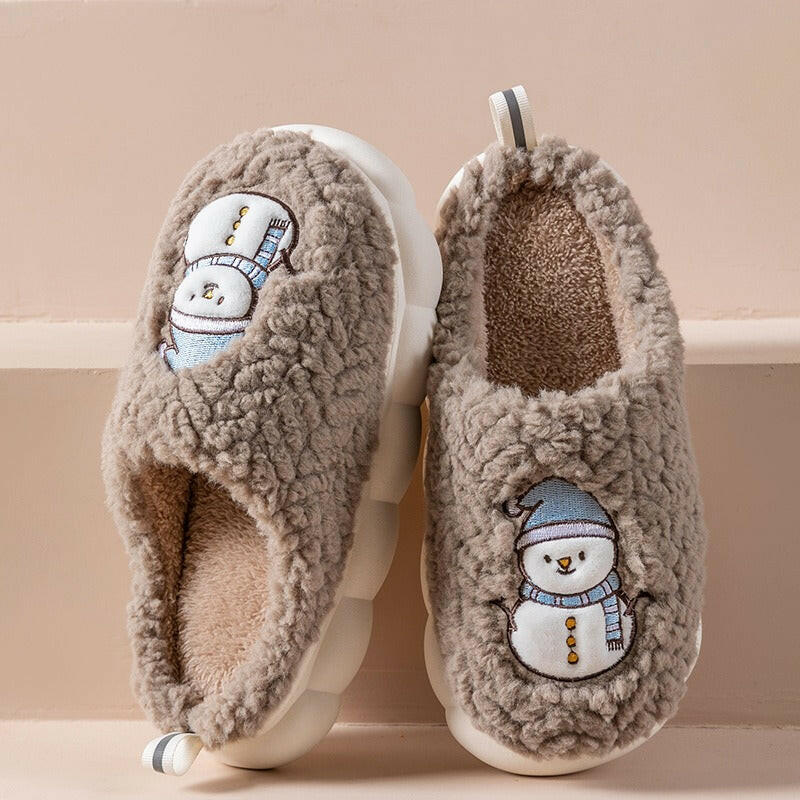 Cute Snowman Slippers Winter Indoor Household Warm Plush Thick-Soled Anti-slip Couple Home Slipper Soft Floor Bedroom House Shoe - 2bazar4