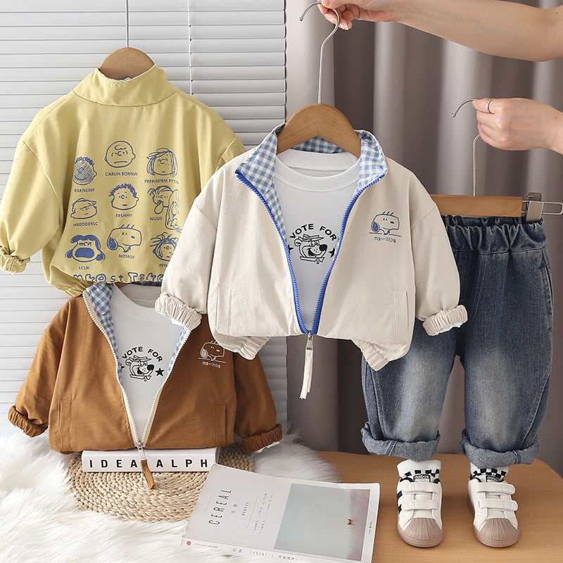 Casual Cartoon Printed Dog Head Zip-Up Jacket Three-Piece Set for Toddler Boys - product image 2