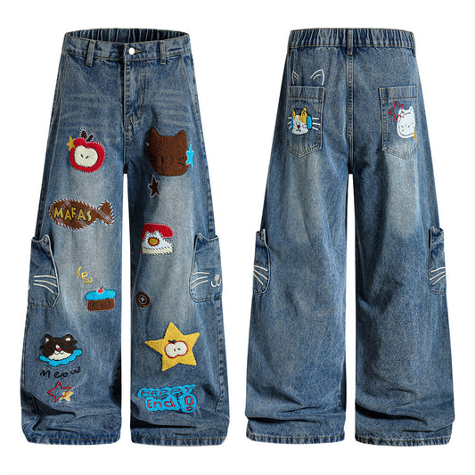 Cartoon towel embroidered denim pants