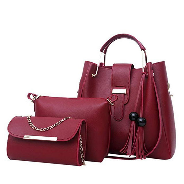 Laamei 3Pcs/Sets Women Handbags Leather Shoulder Bags Female Casual Tote Bag Tassel Bucket Purses Handbags Sac Femme - 2bazar4