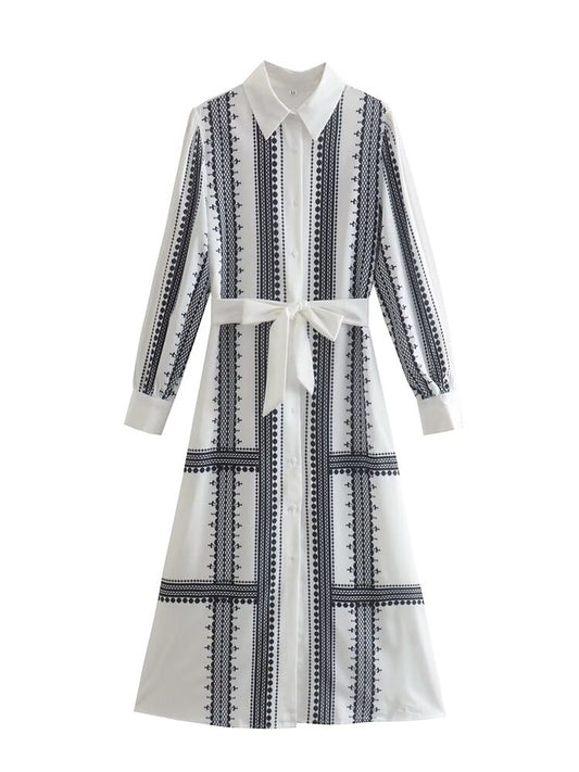 Women Midi Dress Printed Lace-up Elegant Simple Style New Lapel Long Sleeve Loose Fit Fashion Summer - 2bazar4