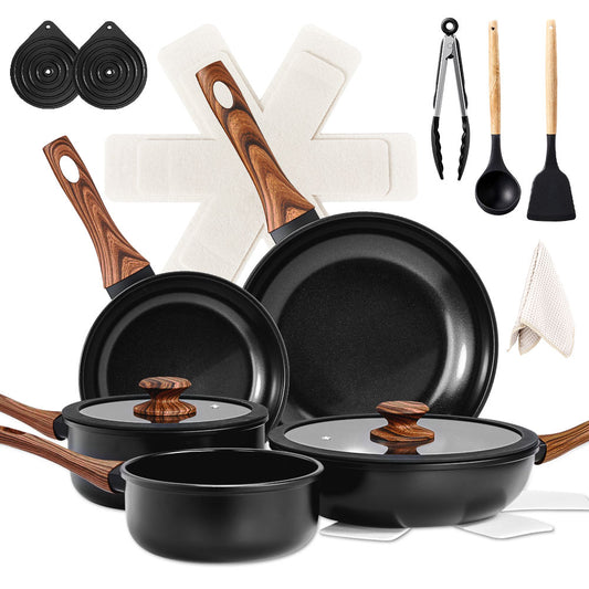 17-Piece Aluminum Cookware Set, Black Non-Stick Pots and Pans Set with Assembled Handles - 5 Pots & 2 Lids, Compatible with Induction, Gas, Electric Stoves, Perfect for Home Kitchen Use