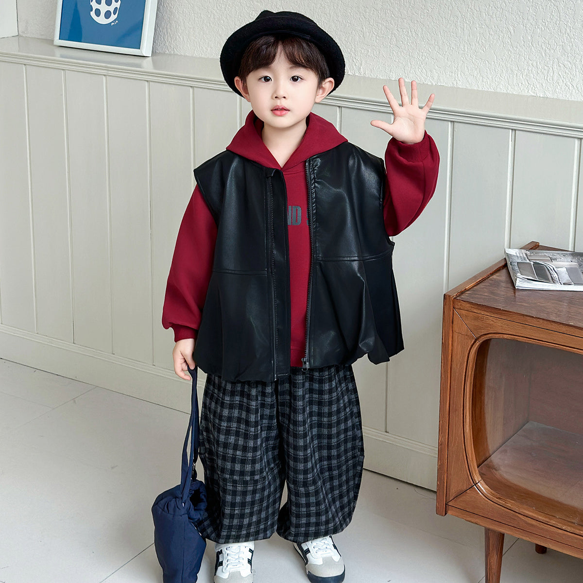 Boys Autumn Three-Piece Outfit Set with Leather Vest, Hooded Sweatshirt and