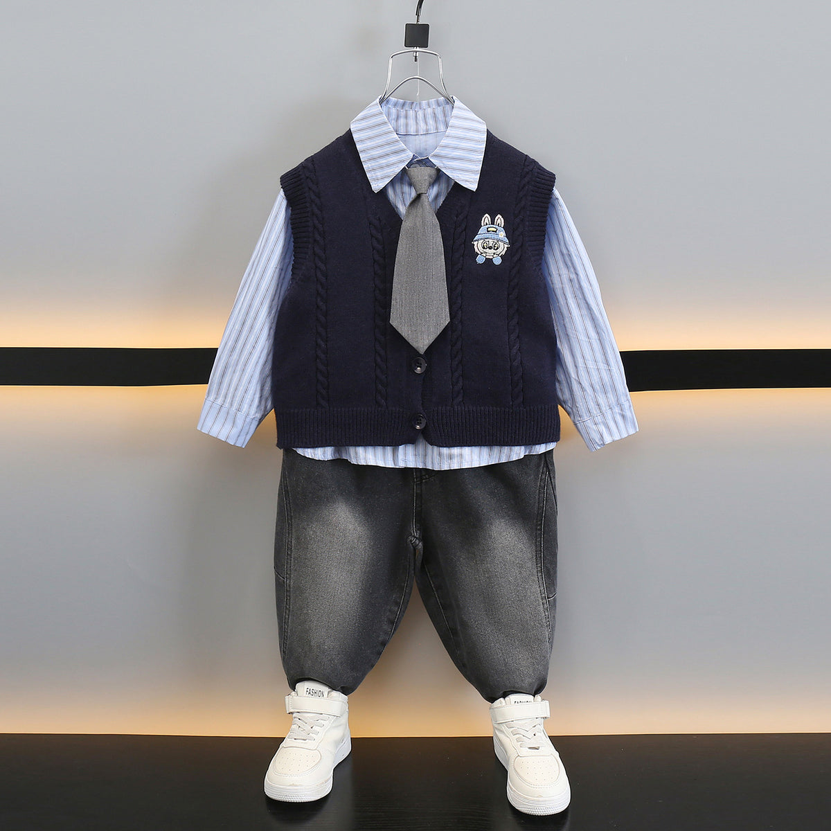 Boys' 3-Piece Knit Vest and Shirt Set - Preppy Style Fall Outfit - product image 2