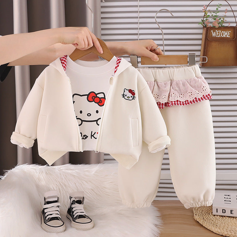 Girls Autumn Cartoon Long Sleeve Jacket 3 Piece Outfit Set