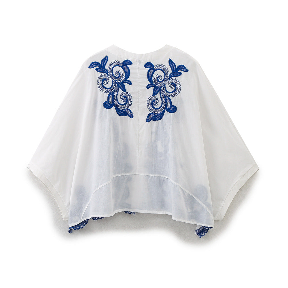 Loose Embroidered Long Sleeve Blouse + High Waist Embroidered Skirt for Women