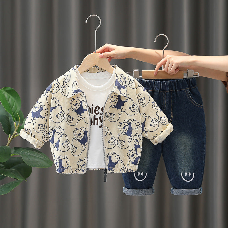 Toddler Bear Print 3-Piece Outfit Set – Zip Jacket & Trousers