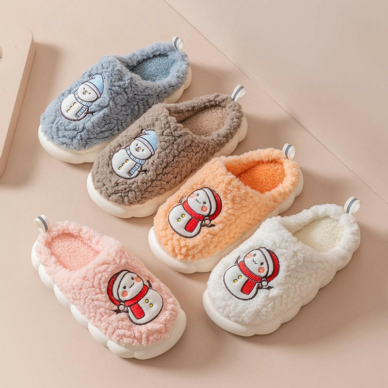 Cute Snowman Slippers Winter Indoor Household Warm Plush Thick-Soled Anti-slip Couple Home Slipper Soft Floor Bedroom House Shoe - 2bazar4