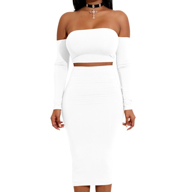 Sexy Women Two Pieces Set Off Shoulder Lace Up Back Long Sleeve Backless Crop Top Bodycon Pencil Skirt Set - 2bazar4