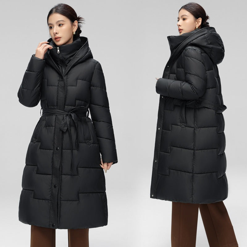 Women's Hooded Padded Long Coat with Wave Stitching