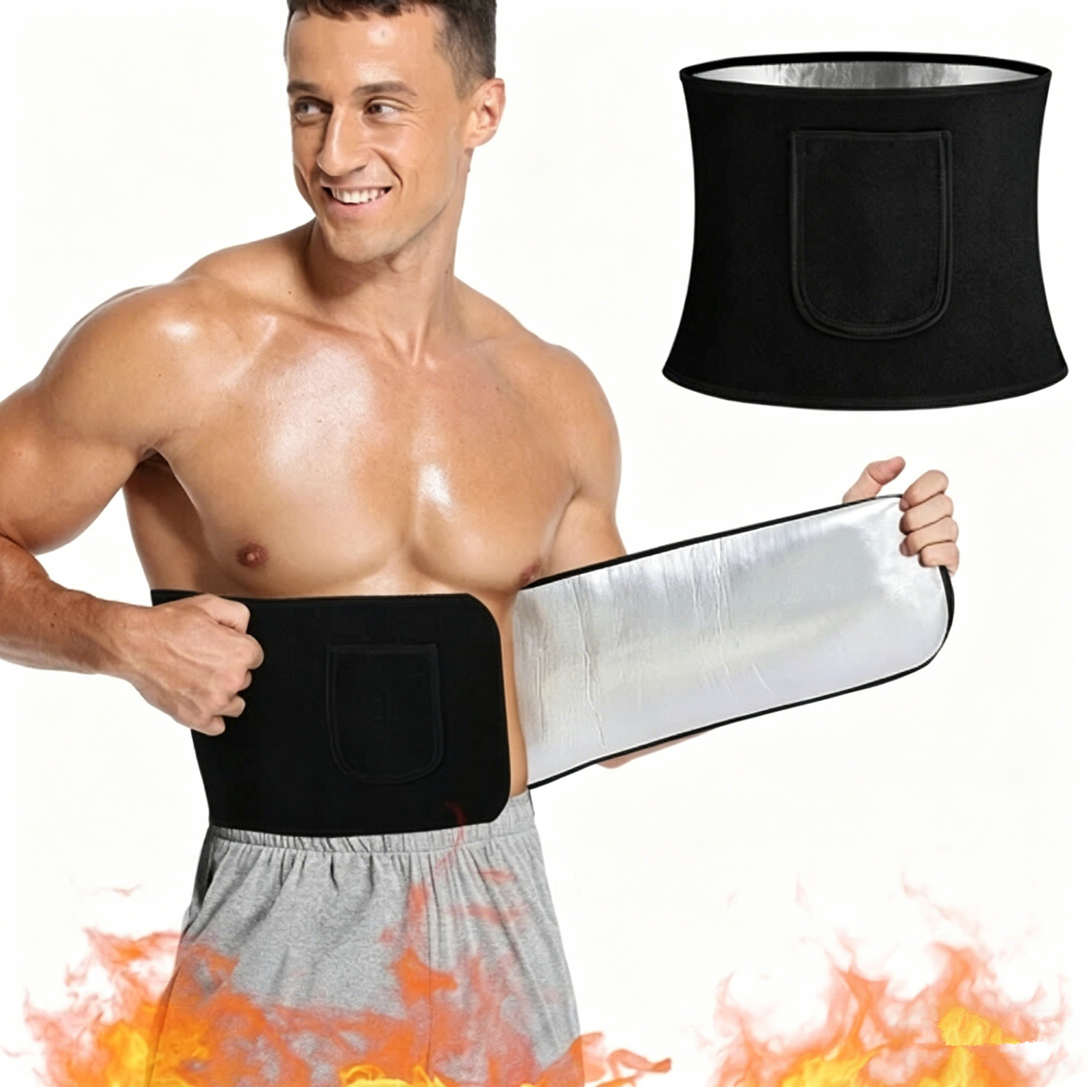 Waist Trimmer Belt Body Shaper Weight Loss Girdle Waist Trainer w/ Phone Pocket Black-Silver