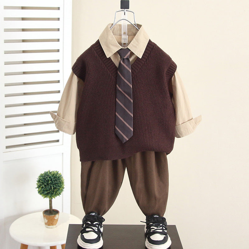 Boys Spring Autumn Fashion Three-Piece Suit Set with Vest, Tie and Shirt
