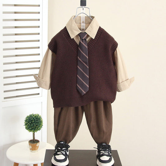 Boys Spring Autumn Fashion Three-Piece Suit Set with Vest, Tie and Shirt