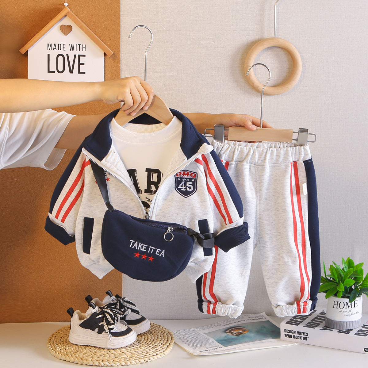 Boys 0-4 Years Old Spring Autumn Piped Letter Jacket Bag 3-Piece Set