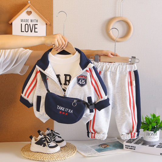Boys 0-4 Years Old Spring Autumn Piped Letter Jacket Bag 3-Piece Set
