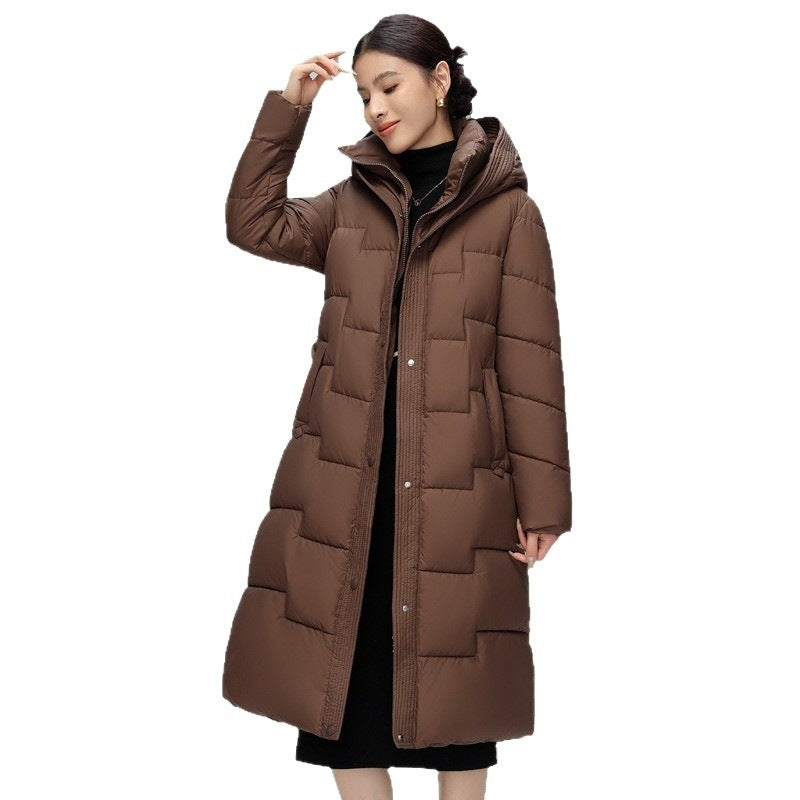 Women's Hooded Padded Long Coat with Wave Stitching