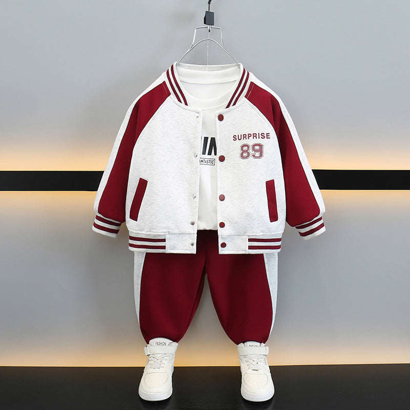 Boys Baseball Jacket Two Piece Set Long Sleeve Stand Collar Casual Outfit