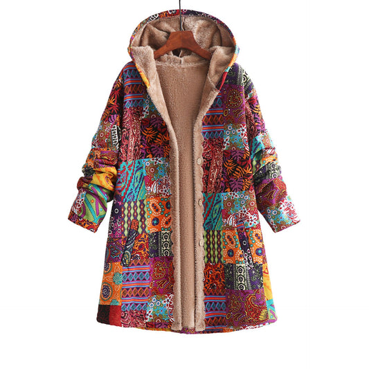Fashionable Cotton Linen Printed Hoodie Sweatshirt with Fleece Lining for Women Winter Warm Outerwear