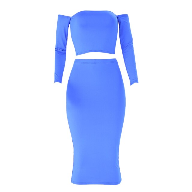 Sexy Women Two Pieces Set Off Shoulder Lace Up Back Long Sleeve Backless Crop Top Bodycon Pencil Skirt Set - 2bazar4