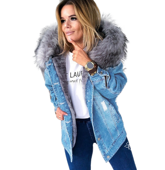Women's slim fitting cotton jacket and denim jacket with a plush collar - 2bazar4