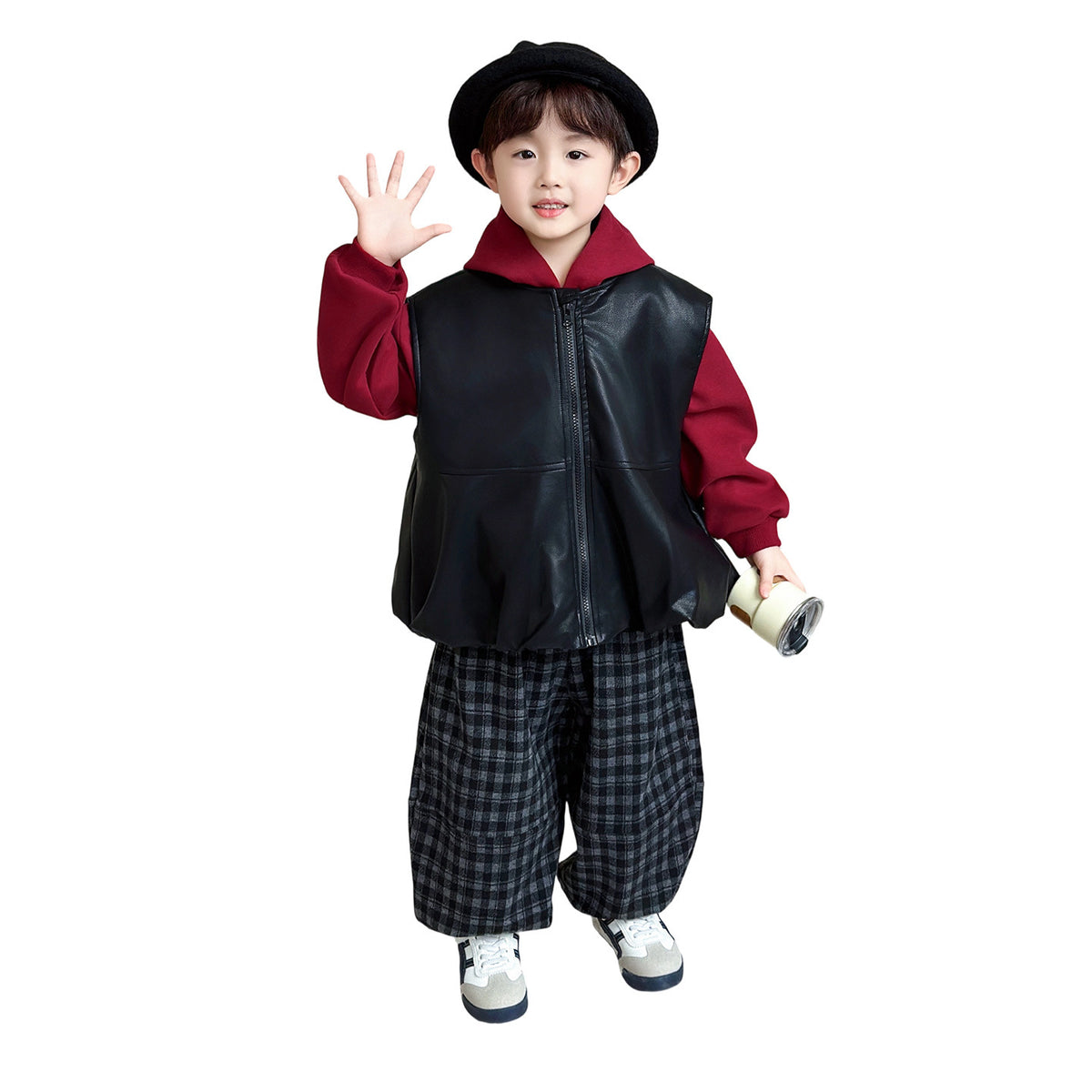 Boys Autumn Three-Piece Outfit Set with Leather Vest, Hooded Sweatshirt and - product image 5