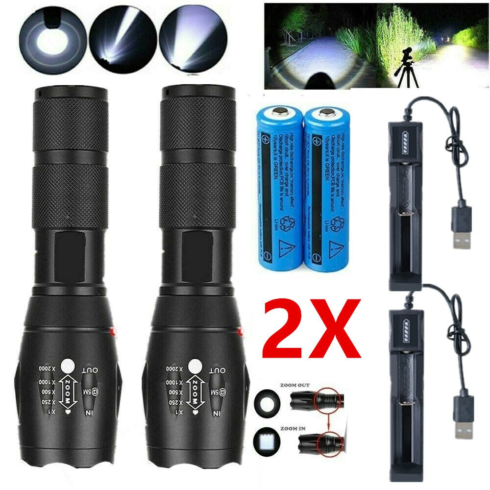 2Pack USB Rechargeable LED Flashlight Adjustable Focus Outdoor 5-Modes Flashlight +Battery+USB Charger Set(Platform policies vary; relevant qualifications are attached via link, please do not list products without required qualifications)