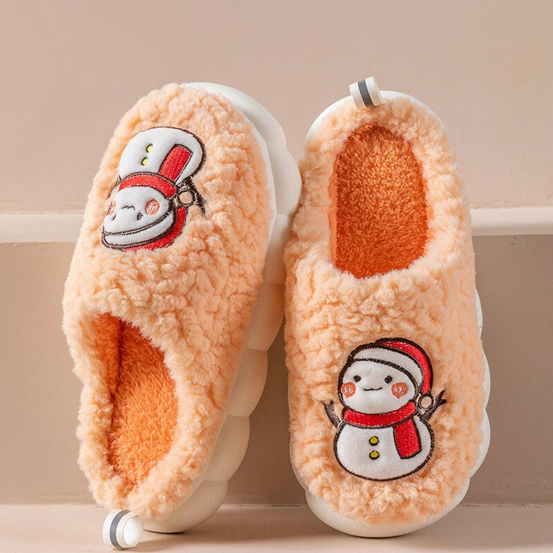 Cute Snowman Slippers Winter Indoor Household Warm Plush Thick-Soled Anti-slip Couple Home Slipper Soft Floor Bedroom House Shoe - 2bazar4