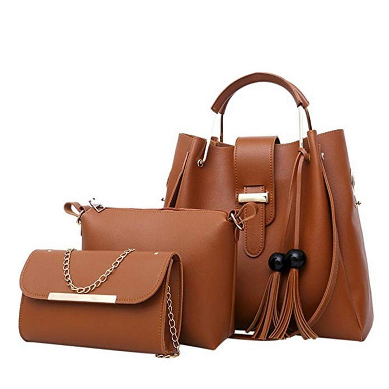 Laamei 3Pcs/Sets Women Handbags Leather Shoulder Bags Female Casual Tote Bag Tassel Bucket Purses Handbags Sac Femme - 2bazar4