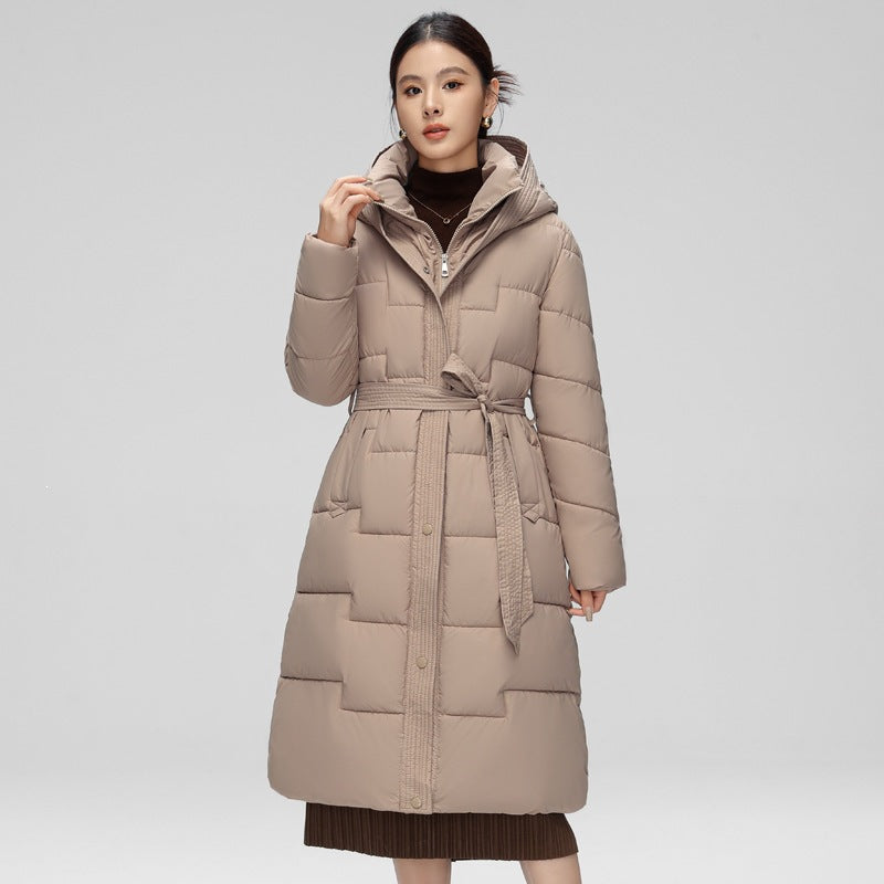 Women's Hooded Padded Long Coat with Wave Stitching
