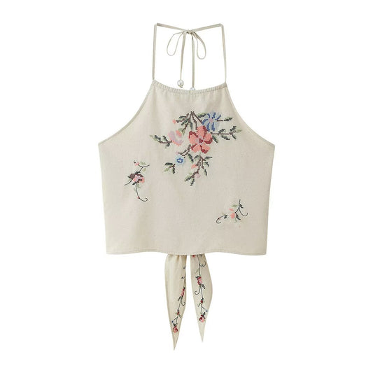 Hanging collar flower embroidered top